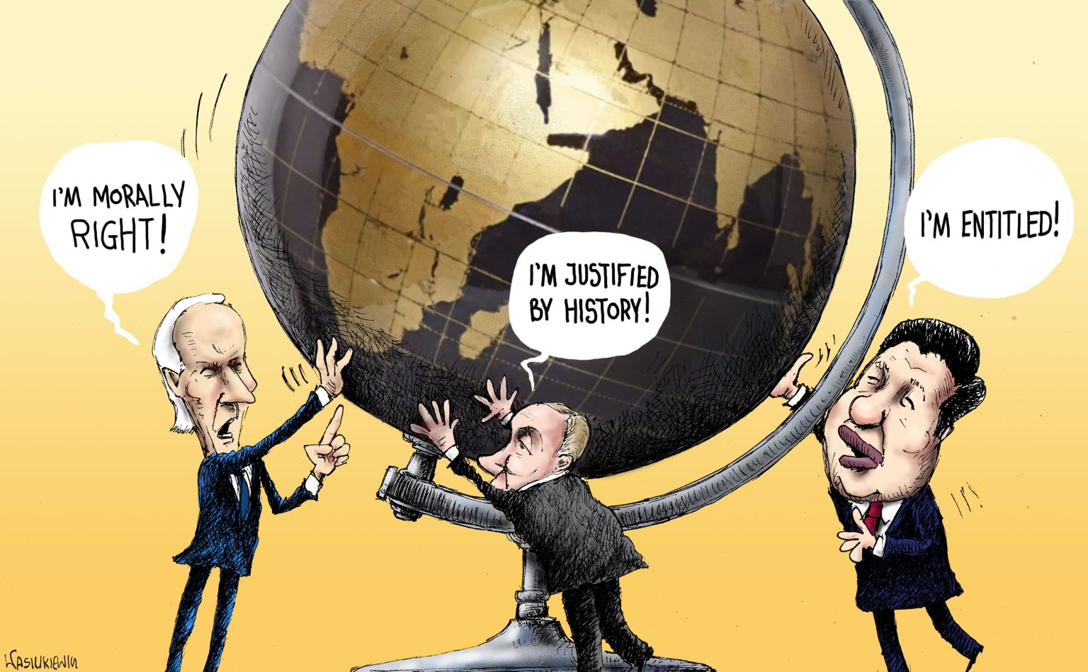 Biden, Putin and Xi “spinning” the globe toward their own narratives The U.S.-led West, Russia and China all have their own narratives that, when followed dogmatically, make it hard for them to coexist. © GIS