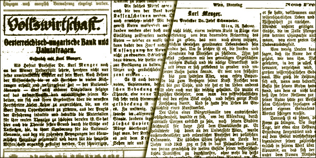 Zeitungsbeiträge aus Wien. Rechts: Interview mit Carl Menger (1981). Links: Nachruf von Josef Schumpeter zum Tod Carl Mengers im Februar 1921.